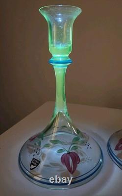 Orrefors Glass Glows under UV light Candle Holders Maja Hand Painted Floral RARE