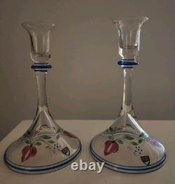 Orrefors Glass Glows under UV light Candle Holders Maja Hand Painted Floral RARE