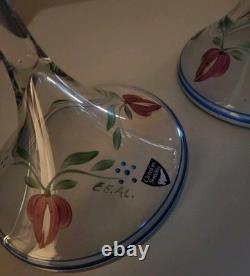 Orrefors Glass Glows under UV light Candle Holders Maja Hand Painted Floral RARE