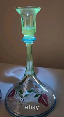 Orrefors Glass Glows under UV light Candle Holders Maja Hand Painted Floral RARE