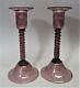 Outstanding Pair Of Pairpoint Engraved Purple Art Glass Candle Holders, C. 1930