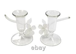 PAIR 1992 Warner Whitfield Dogwood Abstract Art Glass Signed Candlestick Holders