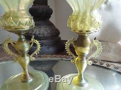 PAIR 19th C. SALVIATI MURANO GREEN IRIDESCENT ART GLASS GOBLETS CANDLESTICKS