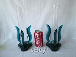PAIR 2 Viking Art Glass BLUENIQUE Epic Candle Holders with Clear Chimneys