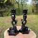 Pair 40's Westmoreland Black Milk Glass Candle Holders Chinese Dolphin Koi Fish