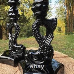 PAIR 40's WESTMORELAND BLACK MILK GLASS CANDLE HOLDERS Chinese Dolphin Koi Fish
