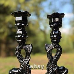 PAIR 40's WESTMORELAND BLACK MILK GLASS CANDLE HOLDERS Chinese Dolphin Koi Fish