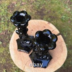 PAIR 40's WESTMORELAND BLACK MILK GLASS CANDLE HOLDERS Chinese Dolphin Koi Fish