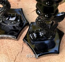 PAIR 40's WESTMORELAND BLACK MILK GLASS CANDLE HOLDERS Chinese Dolphin Koi Fish
