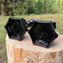 PAIR 40's WESTMORELAND BLACK MILK GLASS CANDLE HOLDERS Chinese Dolphin Koi Fish