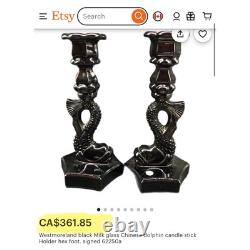 PAIR 40's WESTMORELAND BLACK MILK GLASS CANDLE HOLDERS Chinese Dolphin Koi Fish