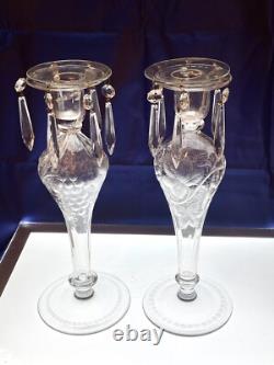 PAIR ABP Libbey Vintage Grapes American CUT GLASS CANDLESTICKS CANDLE HOLDERS