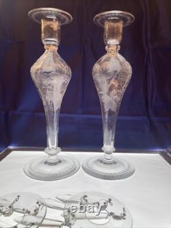 PAIR ABP Libbey Vintage Grapes American CUT GLASS CANDLESTICKS CANDLE HOLDERS