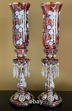 PAIR ANTIQUE 19th C. BACCARAT ENEMALED FLOWER MEDALLION CANDLESTICKS RUBY LUSTER