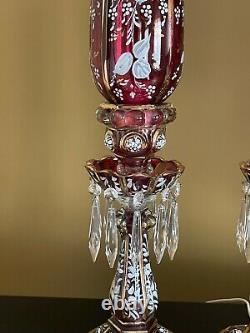 PAIR ANTIQUE 19th C. BACCARAT ENEMALED FLOWER MEDALLION CANDLESTICKS RUBY LUSTER