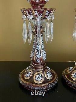 PAIR ANTIQUE 19th C. BACCARAT ENEMALED FLOWER MEDALLION CANDLESTICKS RUBY LUSTER