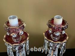 PAIR ANTIQUE 19th C. BACCARAT ENEMALED FLOWER MEDALLION CANDLESTICKS RUBY LUSTER