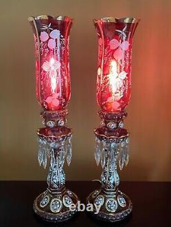 PAIR ANTIQUE 19th C. BACCARAT ENEMALED FLOWER MEDALLION CANDLESTICKS RUBY LUSTER