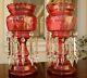 Pair Antique Cranberry Bohemian Glass Candlesticks Holders Gold Art Lamps Vases