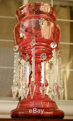 PAIR Antique Cranberry Bohemian Glass Candlesticks Holders Gold Art Lamps Vases