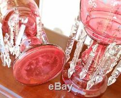 PAIR Antique Cranberry Bohemian Glass Candlesticks Holders Gold Art Lamps Vases
