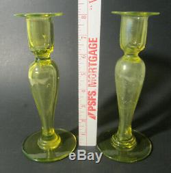 PAIR Antique PAIRPOINT Blown Art Glass Uranium Vaseline 8 Candlesticks Pontil