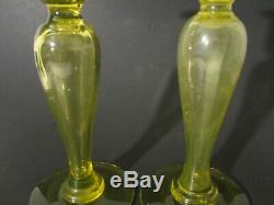 PAIR Antique PAIRPOINT Blown Art Glass Uranium Vaseline 8 Candlesticks Pontil