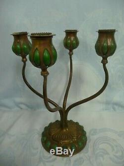 PAIR OF TIFFANY STUDIOS BRONZE BLOWN OUT 4 ARM CANDELABRA withJEWELED BASES D556