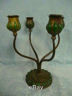 PAIR OF TIFFANY STUDIOS BRONZE BLOWN OUT 4 ARM CANDELABRA withJEWELED BASES D556
