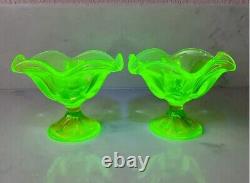 PAIR Of Viking LIME Glass Epic 6 Petal Candle Holders Vaseline Uranium Vtg MCM