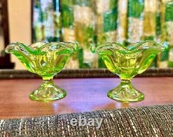 PAIR Of Viking LIME Glass Epic 6 Petal Candle Holders Vaseline Uranium Vtg MCM