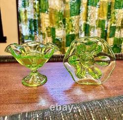 PAIR Of Viking LIME Glass Epic 6 Petal Candle Holders Vaseline Uranium Vtg MCM