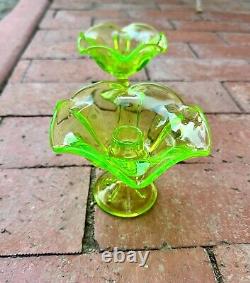 PAIR Of Viking LIME Glass Epic 6 Petal Candle Holders Vaseline Uranium Vtg MCM