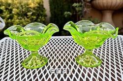 PAIR Of Viking LIME Glass Epic 6 Petal Candle Holders Vaseline Uranium Vtg MCM