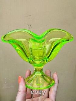 PAIR Of Viking LIME Glass Epic 6 Petal Candle Holders Vaseline Uranium Vtg MCM