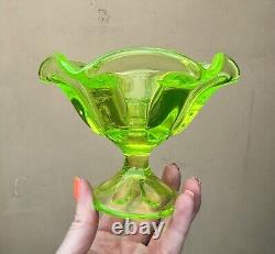 PAIR Of Viking LIME Glass Epic 6 Petal Candle Holders Vaseline Uranium Vtg MCM