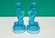 Pair Tiffin Dolphin Fish Blue Glass Candle Holders Candlesticks C1930s