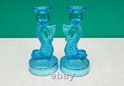 PAIR Tiffin Dolphin Fish Blue Glass Candle Holders Candlesticks c1930s