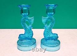 PAIR Tiffin Dolphin Fish Blue Glass Candle Holders Candlesticks c1930s