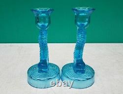 PAIR Tiffin Dolphin Fish Blue Glass Candle Holders Candlesticks c1930s