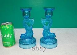 PAIR Tiffin Dolphin Fish Blue Glass Candle Holders Candlesticks c1930s