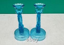 PAIR Tiffin Dolphin Fish Blue Glass Candle Holders Candlesticks c1930s