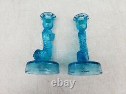PAIR Tiffin Dolphin Fish Blue Glass Candle Holders Candlesticks c1930s