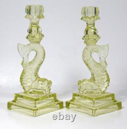PAIR VASELINE GLASS KOI FISH CANDLESTICKS Candle Holders Imperial Dolphin