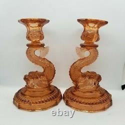 PAIR VINTAGE 7¾ PINK PEACH KOI FISH DOLPHIN CANDLESTICKS 2pc SET GLASS