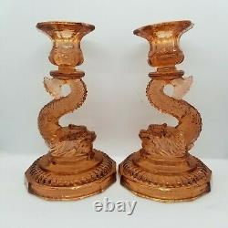 PAIR VINTAGE 7¾ PINK PEACH KOI FISH DOLPHIN CANDLESTICKS 2pc SET GLASS