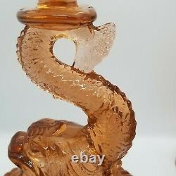 PAIR VINTAGE 7¾ PINK PEACH KOI FISH DOLPHIN CANDLESTICKS 2pc SET GLASS