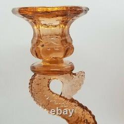 PAIR VINTAGE 7¾ PINK PEACH KOI FISH DOLPHIN CANDLESTICKS 2pc SET GLASS