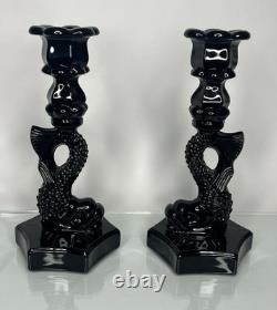 PAIR of Vintage Westmoreland Opaque Black Glass Koi Fish Candle Holders 9.75