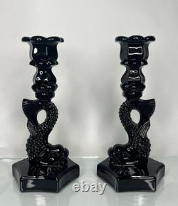 PAIR of Vintage Westmoreland Opaque Black Glass Koi Fish Candle Holders 9.75